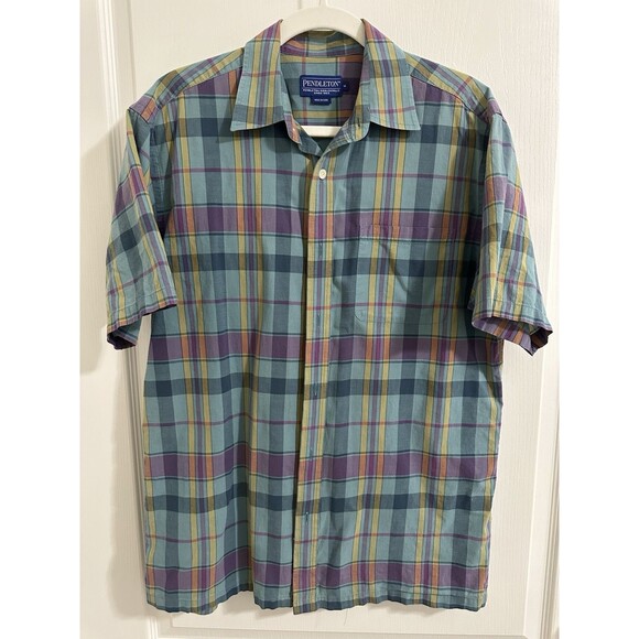 Pendleton Shirt Men’s Size Medium Green Plaid Short Sleeve Button Up - Picture 1 of 8